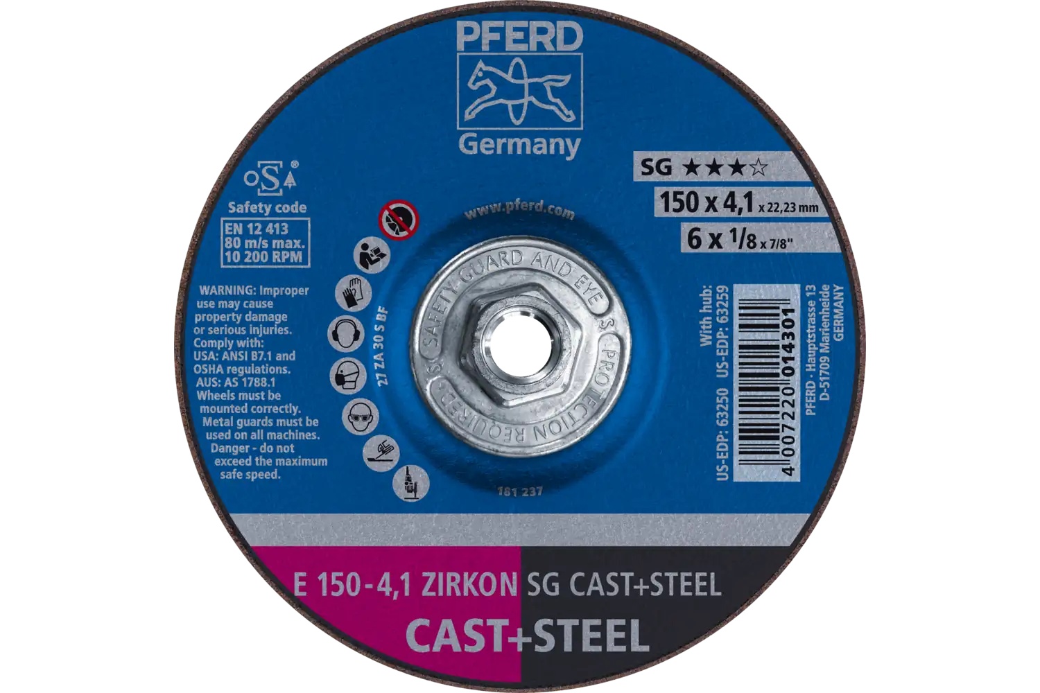 Picture of Pferd Grinding Wheel, 6" X 1/8 X 5/8-11, Zirkon Sg Cast+Steel, T27, Za, Ao